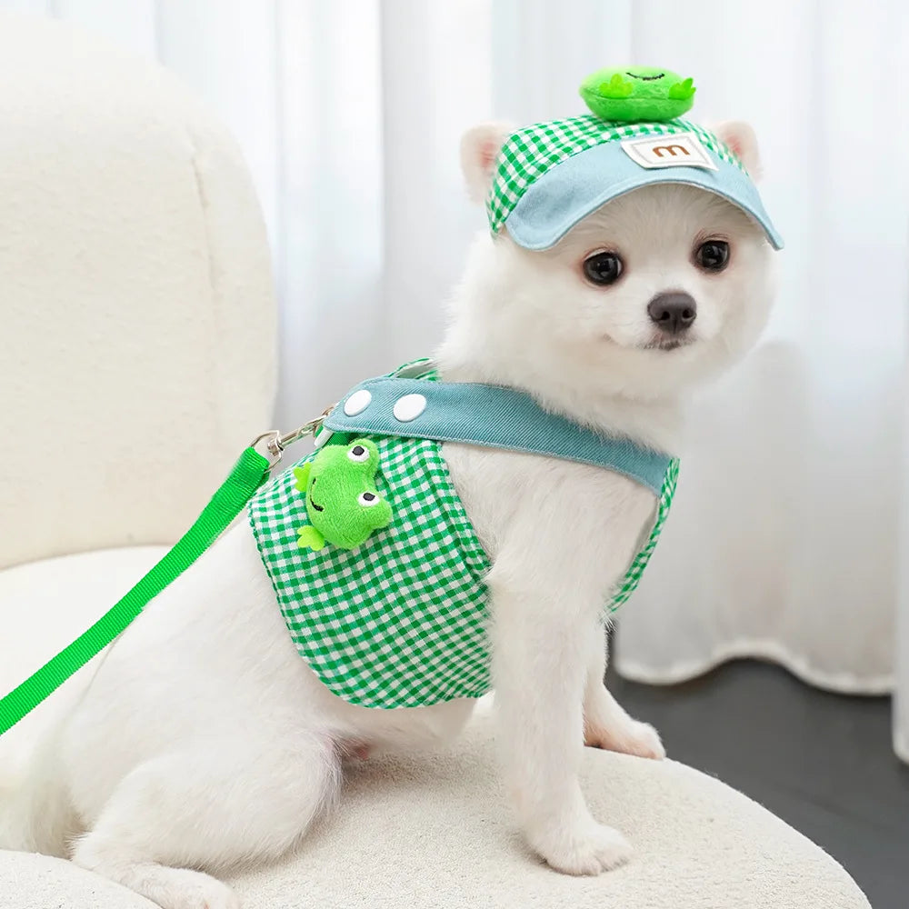 Duck & Frog Pet Harness Set – 3-Piece Breathable Vest with Leash & Cap for Cats & Puppies