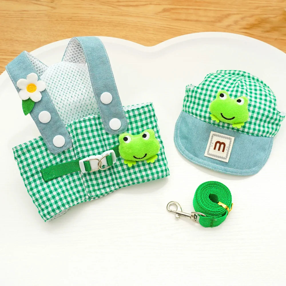 Duck & Frog Pet Harness Set – 3-Piece Breathable Vest with Leash & Cap for Cats & Puppies