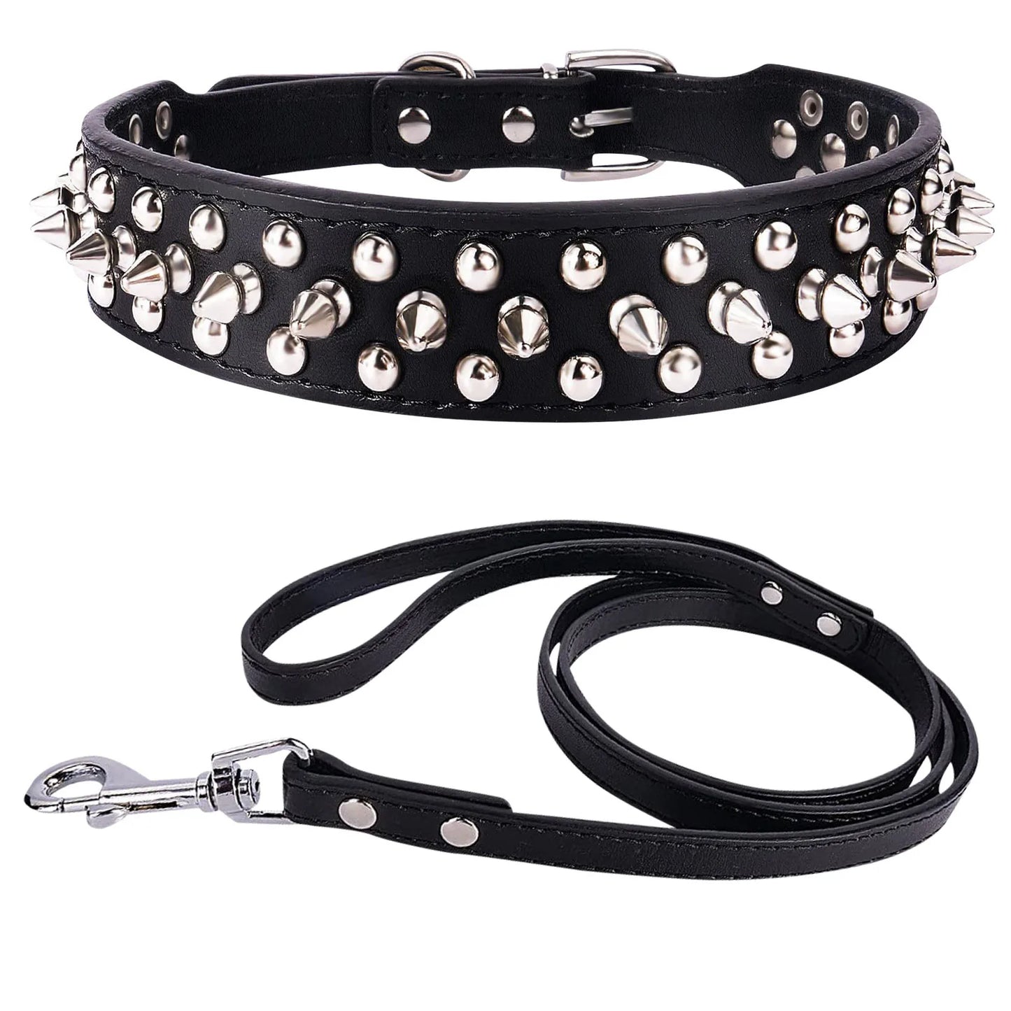 Studded PU Leather Dog Collar with Leash – Durable, Stylish, for Small to Large Dogs