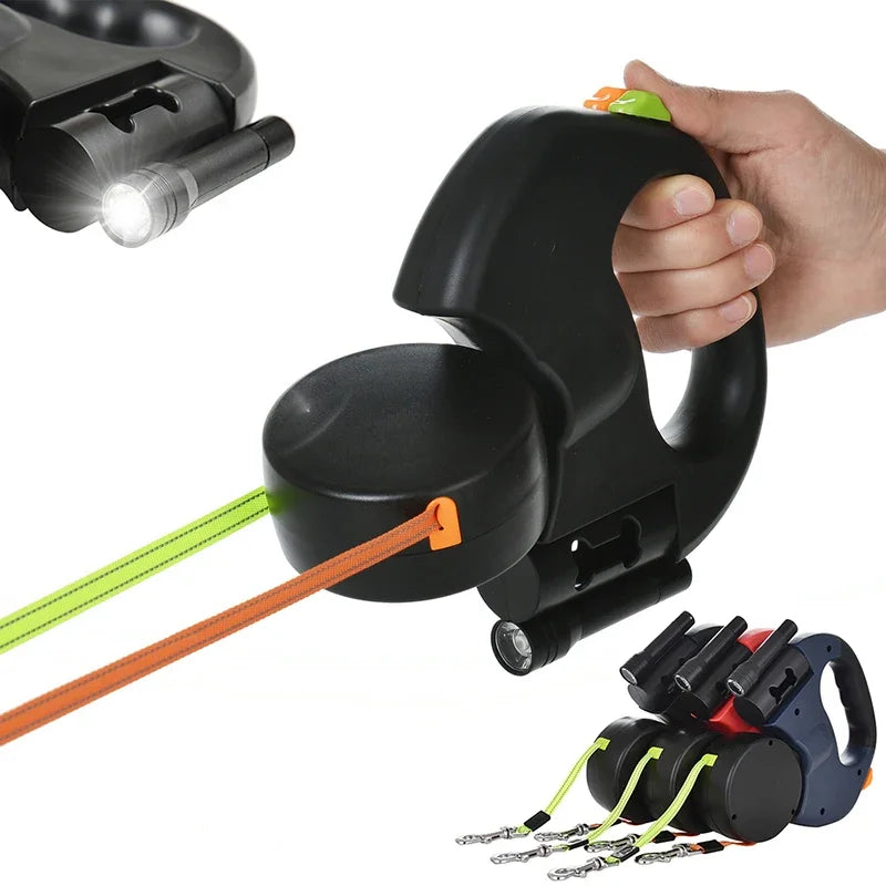 Dual Retractable Dog Leash with LED Light & 360° No-Tangle Swivel – 3M Reflective