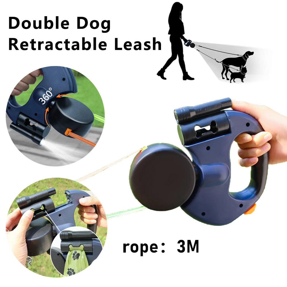 Dual Retractable Dog Leash with LED Light & 360° No-Tangle Swivel – 3M Reflective